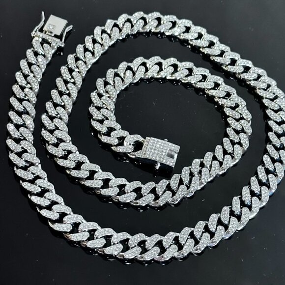 Cuban Link Miami Bling Glittery Silver Unisex necklace Men Women NWT 28" - Picture 4 of 7